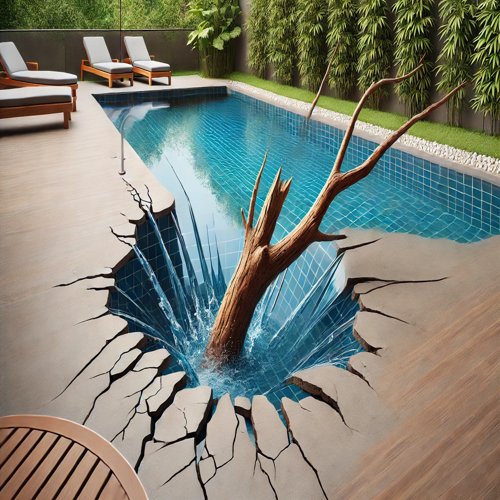 Starke Beschädigung eines Pools durch einen umgestürzten Baum – massive Risse in der Poolstruktur und notwendige Reparaturmaßnahmen.
