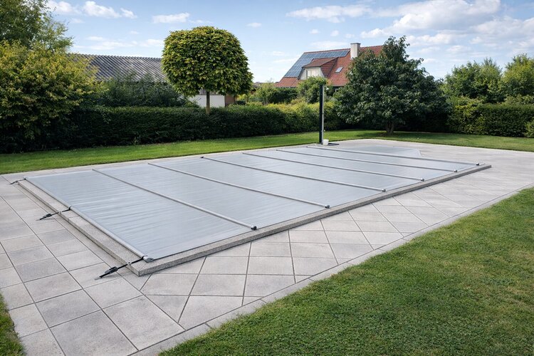 Graue Pool Sicherheitsabdeckung als Stangenabdeckung auf rechteckigem Pool im Garten mit Aluminiumrohren und drei Abspannern