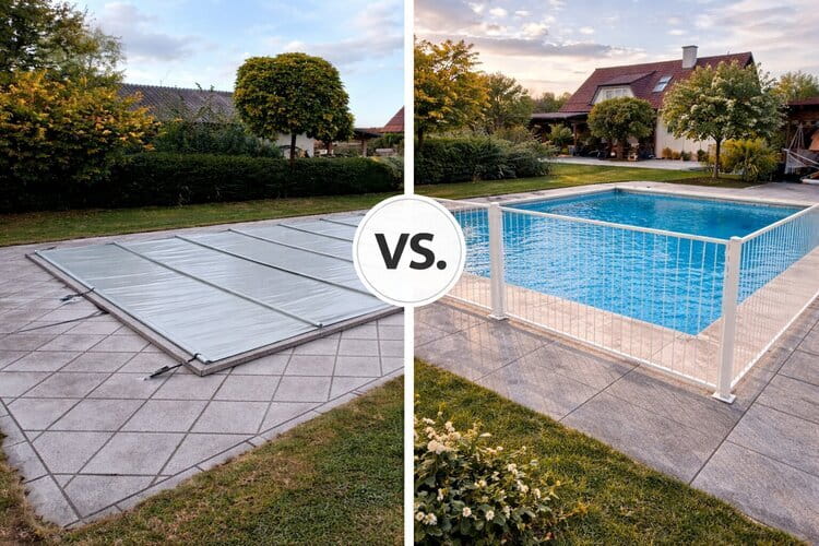 Pool Sicherheitsabdeckung vs Poolzaun im direkten Vergleich – Stangenabdeckung flach gespannt links, Pool mit weißem Sicherheitszaun rechts im Garten