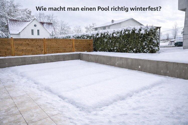 Verschneiter Pool im Winter mit geschlossener Abdeckung zur Reduzierung der Schneelast