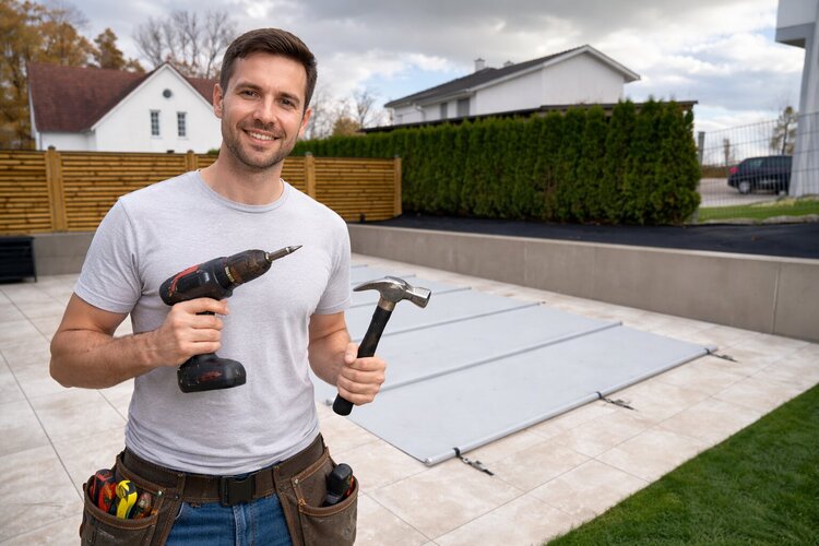 Person mit Bohrmaschine und Hammer bei der Montage einer Stangenabdeckung vor einem Pool