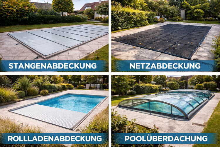 Poolabdeckungen im Vergleich: Stangenabdeckung, Netzabdeckung, Rollladenabdeckung und Poolüberdachung in privaten Gärten