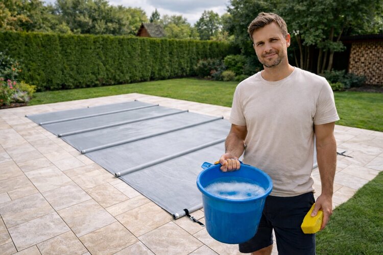 Poolabdeckung reinigen mit Schwamm und Kübel – Reinigung einer Stangenabdeckung im Garten